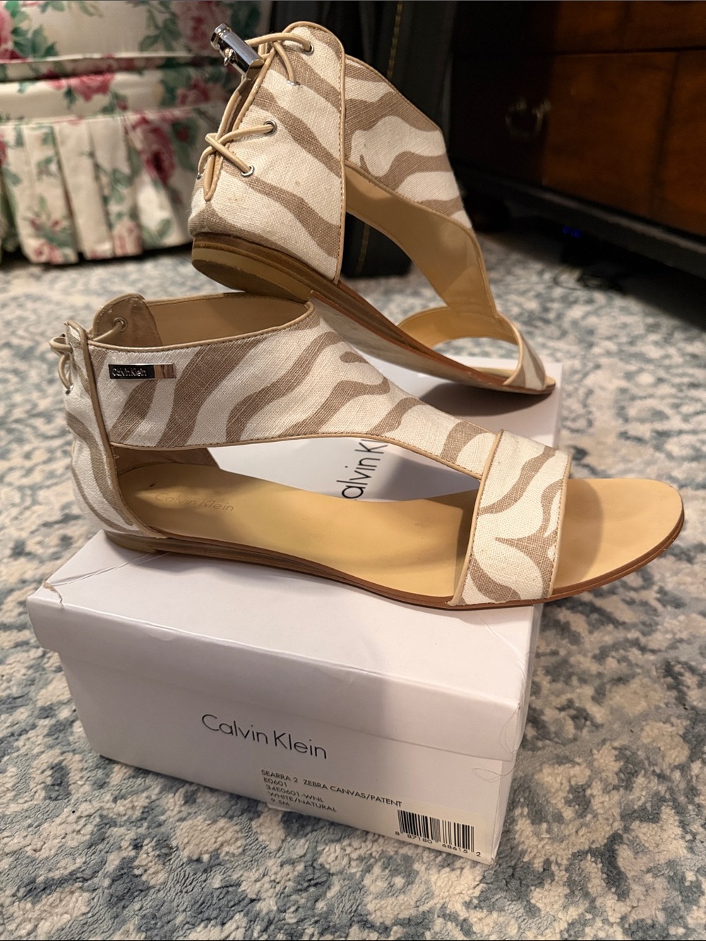 Calvin Klein Beige Zebra-Print Canvas Open-Toe Lace-Back Sandals